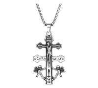 Flongo Caravaca Doppelkreuz Engel Halskette: Jesus Kreuz Amulett Anhänger Kette silber Edelstahl Kruzifix Cross Necklace Vintage Christlicher Schmuck Geschenk für Damen Herren Männer
