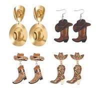 Flongo Cowgirl Western Ohrringe für Damen: 4 Stück Ohrhänger mit Cowboyhut Stiefel - Country Boho Schmuck mit Kristall Emaille - Hängende Ohrstecker - Geschenk für Western Fans Musikfestival Party