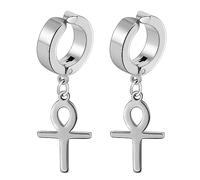 Flongo Creolen Ohrklemme mit Ankh Ägyptischen Kreuz Anhänger silber Ohrringe Ohne Loch edelstahl Baumeln non-piercing ohrklipp ear clips earrings für Damen Herren mädchen