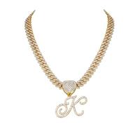 Flongo Damen Kette gold Halskette: Iced out cuban link chain Kuban Plattenkette statement panzerkette modeschmuck Frauen choker hip hop schmuck ketten mit A Anhänger Geschenk für Herren Mädchen