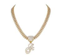 Flongo Damen Kette gold Halskette: Iced out cuban link chain Kuban Plattenkette statement panzerkette modeschmuck Frauen choker hip hop schmuck ketten mit A Anhänger Geschenk für Herren Mädchen