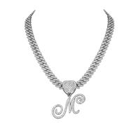 Flongo Damen Kette Silber Halskette: Iced out cuban link chain Kuban Plattenkette statement panzerkette modeschmuck Frauen choker hip hop schmuck ketten mit A Anhänger Geschenk für Herren Mädchen