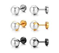 Flongo Damen Ohrringe Ohrstecker, 6/8mm Edelstahl Gestüt Stecker Ohrringe Ohrstecker Ohrhänger Silber Gold Schwarz Weiß Kugel Perle Perlen Elegant Set (3 Paar) Frauen