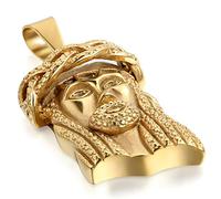 Flongo Edelstahl Anhänger Halskette Gold Golden Jesus Kopf Christus Charm Charme Herren, mit 55cm Kette