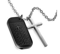 Flongo Edelstahl Anhänger Halskette Schwarz Silber Dog Tag Kruzifix Kreuz Englisch Bibel Herr Gebet Jesus Christ Herren, mit 55cm Kette