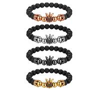 Flongo Energiearmband Kugelkette Lava Mala Herren Armband Damen Armreif Stein Kugel Perlen Armkette mit Krone Schwarz für Männer Frauen 4er Set