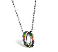Flongo Gay Pride Schwul LGBT Anhänger Halskette, Edelstahl Kette Silber Mehrfarbig Bunt Regenbogen Streifen LGBT Lesbe Gay Pride Schwul Homosexuell Ring Doppelte Ringe Herren, Damen