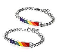 Flongo Gay Schwul Partner Armband, Edelstahl Armband Armreifen Armkette Silber Mehrfarbig Regenbogen Streifen Gay Pride LGBT Schwul Homosexual Homosexuell Panzerkette Kette (2 Stück, Damen/Herren)