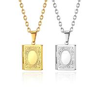 Flongo Herren-Kette Damen-Kette Halskette Fotoanhänger Anhänger, 2 Stück Edelstahl Anhänger Halskette Silber Gold Golden Rechteck Buch Form öffenbares Foto Medaillon Poliert Elegant Damen Herren
