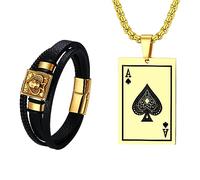 Flongo Herren Kette Leder Armband Set - gold Edelstahl Halskette chain mit Poker Pik-Ass Anhänger 56 cm schwarz Lederarmband mit Pokerkarte Totenkopf Ketten Für Damen Männer mit Geschenkbox