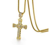 Flongo Herren-Kette Männer Anhänger aus Edelstahl mit Strass Kreuz Kruzifix Anhänger Halskette Gold Golden Jahrgang Poliert Herren Accessoires