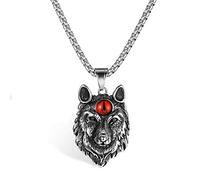 Flongo Herren Kette mit Wolf Anhänger Wolfskopf Männer Halskette Kette aus Edelstahl Silber Wolf Kopf Punk Rock Motorradfahrer Biker Herren Accessoires Rot Türkis Perlen