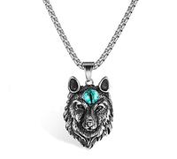 Flongo Herren Kette mit Wolf Wolfskopf Anhänger Halskette Kette aus Edelstahl Silber Wolf Kopf Punk Rock Motorradfahrer Biker Männer Accessoires Blau Türkis Perlen