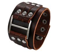 Flongo Herren Lederarmband, Groß Breite Leder Echtleder Armband Armreif Manschette Schnalle Braun Silber Punk Rock Biker Motorradfahrer Wickel Einstellbar Verstellbar Herren Accessoires