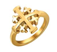 Flongo Herren Ring mit Jerusalem Kreuz aus Edelstahl - Gold Christlicher Siegelring mit Kreuzritter Symbol Glaube Schutz Religiöser Schmuck Geschenk für Männer Kirche Taufe Ostern - Größe 57
