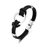 Flongo Herrenarmband Männer Armband Lederarmband, Edelstahl Leder Armband Armreif Geflochten Silber Ring rund Kreis Link Schwarz für Männer Herren-Accessoires Surfer