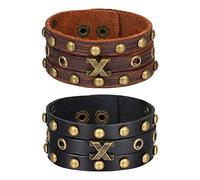 Flongo Herrenarmband Männer Armband Lederarmband, Groß breit Leder Armband Armreif mit Bronze Nieten Braun Schwarz Herren-Accessoires Punk Rock Biker Größen verstellbar 2 Stück