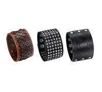 Flongo Herrenarmband Männer Armband Lederarmband, groß breit Leder Armband Armreif mit Nieten Braun Schwarz Herren-Accessoires Biker Größen verstellbar 3 Stück