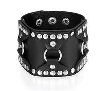 Flongo Herrenarmband Männer Armband Lederarmband, Groß breit Leder Armband Armreif mit Silber Nieten Schwarz Herren-Accessoires Punk Rock Biker Größen verstellbar