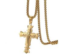 Flongo Herrenkette Männer Anhänger Kette, Edelstahl Anhänger Halskette Gold Golden Goldkette Jesus Kreuz Jahrgang Herren-Accessoires