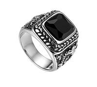 Flongo Herrenring Männer Ringe Daumenring Bandring Siegelring mit Glas Edelstein Silber Schwarz Drache Schnitzerei Klassiker Charm Herren-Accessoires Größe 62