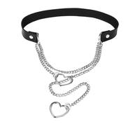 Flongo Herz Lariat Y-Kette für Damen: Gotische PU Leder Halskette mit Edelstahl Kubanischer Kette - Verstellbare Länge - Choker mit Herz-Anhänger - Schwarzes Leder Silber Kette