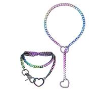 Flongo Herz Slip Kette für Damen: 2 Stück Kuba Halskette Regenbogen Doppellagige O Ring Gliederkette Verstellbare Lasso Y Lange Kette Farbe Kette Choker Geschenk für Frauen