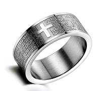 Flongo Kreuz Bibel Herren Ring: Spanische Bibel Gravur Amulett Schutz Christlich Religiös Daumenring Silber Ton Verlobung Bandring Siegelring Spanisch Bibel Kreuz Rosenkranz Ringgröße 63