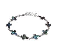 Flongo Kreuz Christlicher Armband für Damen: Abalone Muschel mit Edelstahlkette - Buntes Perlmutt Armreif für Männer und Herren - Religiöses Geschenk - Verstellbare Länge Glaubensarmband