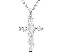 Flongo Kreuz Halskette Lebensbaum Kreuz-Anhänger Herren Halskette Damen Halskette aus Edelstahl Silber Kette Kreuz Lebensbaum Halskette Elegante Accessoires für Männer und Frauen