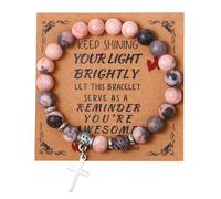 Flongo Kreuze Perlenarmband Armband für Damen : Rosenkranz Perlenarmband Naturstein mit Kreuz Anhänger handgewebtes verstellbares rosa Armkette natürliche Stein Chakra Armband Meditation