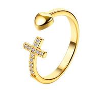 Flongo Kreuzringe Herzring für Damen Mädchen: Gold Zirkonia Offen verstellbarer Ring inspirierendes Kreuz Herz religiöser christlicher Glaube Schmuck Geschenke für Tochter Freundin Schwester