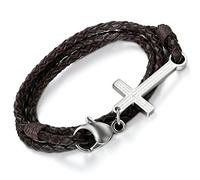 Flongo Lederarmband Herrenarmband Damenarmband, Edelstahl Leder Echtleder Armband Armreifen Manschette Braun Silber Englisch Bibel Herr Gebet Kruzifix Kreuz Motorradfahrer Biker Punk Rock Herren,Damen