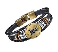 Flongo Lederarmband Horoskop Armband Damen Armkette Herren Armreif, Leder-Armband Armreif Manschette Manschettenknopf Schwarz Gold Golden Horoskop Tierkreis Sternzeichen Sternbild Stier