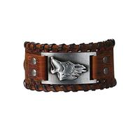 Flongo Lederarmband Männer Groß Leder Armband Herren Armreif Viking Wolf Fenrir Manschette Braun Verstellbar Motorradfahrer Biker Herren-Accessoires