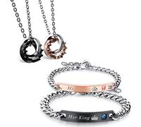 Flongo Paar-Schmuckset Partner Armbänder + Partner Halsketten Paar Geschenke Edelstahl-Halskette und -Armband mit Gravur Halskette mit Ring Geschenke für Jahrestage, Valentinstage, Geburtstage