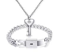 Flongo Pärchen Schloss Schlüssel Schmuckset: Silber Paare Armband Halskette Set Damen Kette mit Geschenkbox Herz Anhänger Cuban Lock Armkette Edelstahl Geschenke für Partner Weihnachten Valentinstag