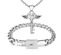 Flongo Pärchen Schloss Schlüssel Schmuckset: Silber Paare Armband Halskette Set Damen Kette mit Herz Flügel Anhänger Herren Cuban Lock Armkette Edelstahl Geschenk für Partner Weihnachten Valentinstag