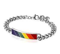 Flongo Partner Armband, Edelstahl Armband Armreifen Armkette Silber Mehrfarbig Regenbogen Streifen Gay Pride Schwul Homosexual Homosexuell Panzerkette Kette Partnerarmbänder Herren