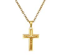 Flongo Rosenkranz Herren Kreuz Anhänger Damen Frauen Kette Männer Halskette, Edelstahl Gold Golden Jesus Kreuz Kruzifix Klassiker