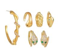 Flongo Schlange Ohrringe Set Damen: 6pc gold Huggie Loop schlangen Fake ohrstecker ohrklemme mehrere ohrlöcher Chunky Reifen Knorpel Creolen schmuck mit grün Zirkonia Edelstahl für Frauen Mädchen