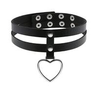 Flongo Tattoo Choker Leder Halsband Lederhalsband Damen Halskette mit Herz Nieten Anhänger Kette Schwarz Silber Gothic Punk Rock