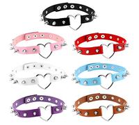 Flongo Tattoo Choker Leder Halsband Lederhalsband Damen Kragen Halskette Anhänger Kette mit Nieten Herz Gothic Punk Rock für Frauen Braun 7 Stück