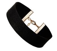 Flongo Velvet Samt Choker Damen Halsband schwarz mit gold O Ringe Anhänger punk goth gothic Halskette Kette Band Elastisch 25mm Breite Verstellbar Für Frauen Mädchen Herren Halloween Kostüm