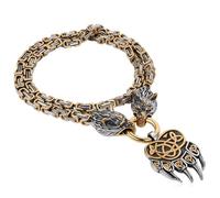 Flongo Wikinger Wolf Halskette für Herren: Wolfskopf Bear Claw Anhänger Chunky Amulett Edelstahl Halsreif Byzantinische Kette Punk Hip Hop Norwegischer Vintage Silber schwarz gold Königskette 51cm
