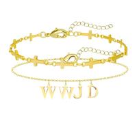 Flongo WWJD Gold Armbänder für Damen: 2 Stück Jesus Armreif Edelstahl Religion Kreuz Armkette Stapelbar Amulett Gebet Inspirational Frauen Mädchen What Would Jesus Do Herren Schmuck Geschenke