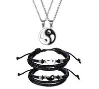 Flongo Yin Yang Partnerarmbänder Partner Ketten Set - 2 silber Edelstahl Paar Halsketten mit Tai chi Puzzle Anhänger und 2 geflochten Seil Leder Paare Armbänder verstellbar geschenk für Bff Freundin