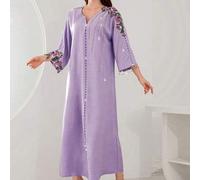 Floral besticktes Kleid im lässigen arabischen Stil mit 3/4 Ärmeln aus Viskose-Leinen, hellviolett