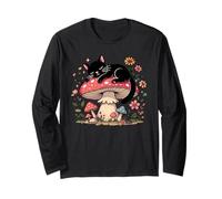 Floral Black Cat Sleeping On Mushroom Langarmshirt