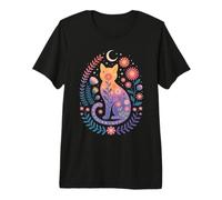 Floral Cat Silhouette Celestial Flower Nature Boho Cat Lover Premium T-Shirt